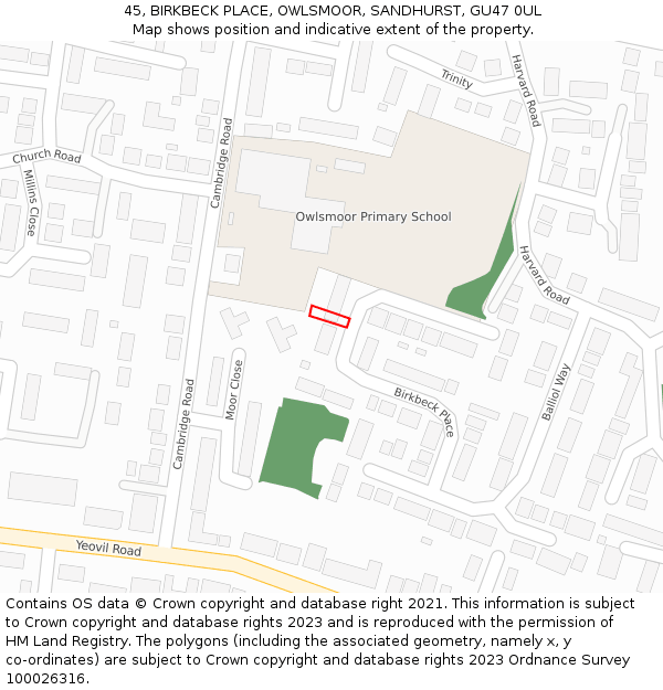45, BIRKBECK PLACE, OWLSMOOR, SANDHURST, GU47 0UL: Location map and indicative extent of plot