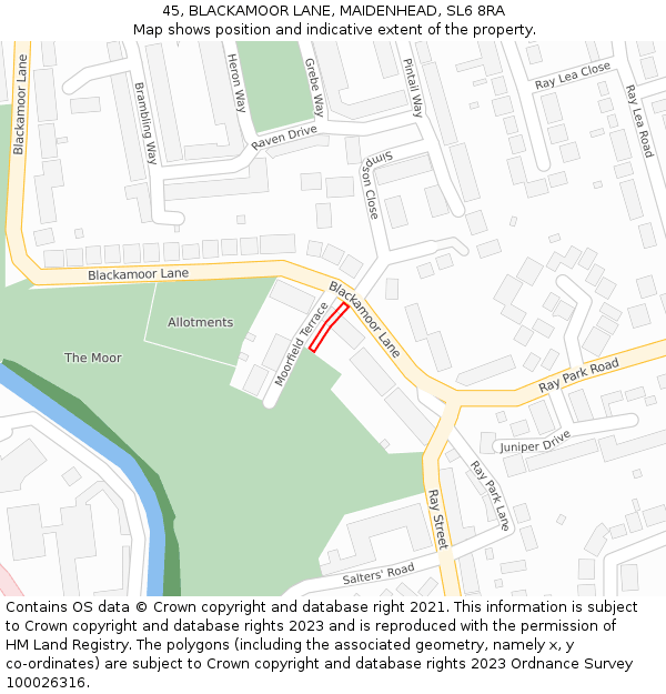 45, BLACKAMOOR LANE, MAIDENHEAD, SL6 8RA: Location map and indicative extent of plot
