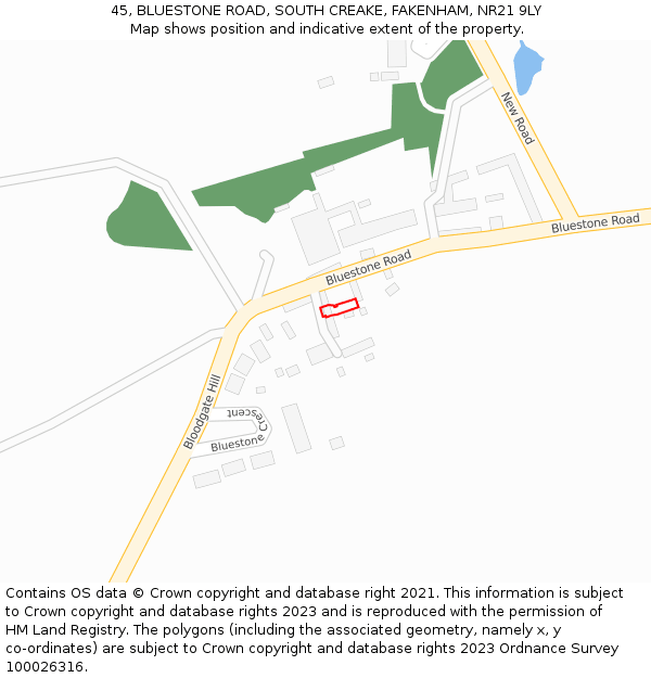 45, BLUESTONE ROAD, SOUTH CREAKE, FAKENHAM, NR21 9LY: Location map and indicative extent of plot
