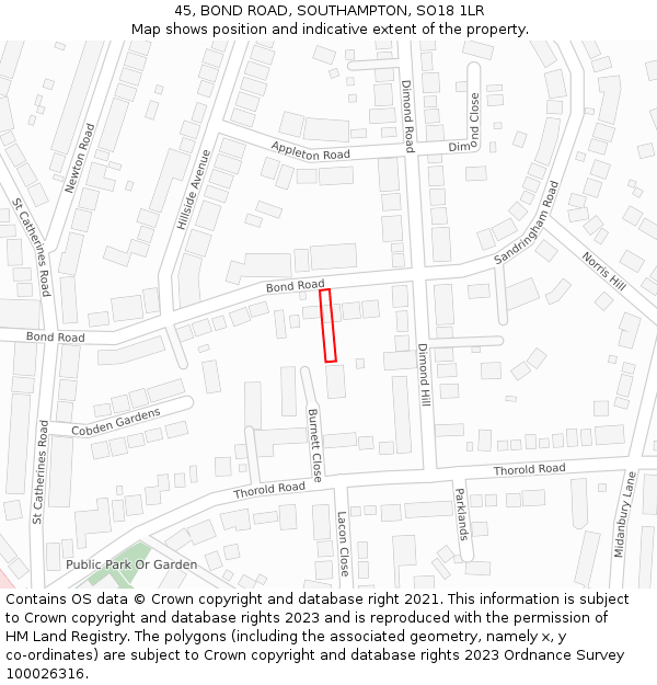 45, BOND ROAD, SOUTHAMPTON, SO18 1LR: Location map and indicative extent of plot