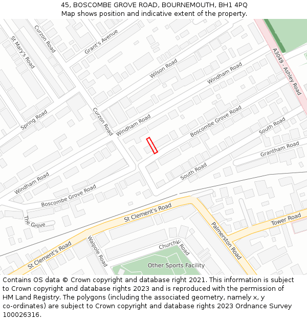 45, BOSCOMBE GROVE ROAD, BOURNEMOUTH, BH1 4PQ: Location map and indicative extent of plot