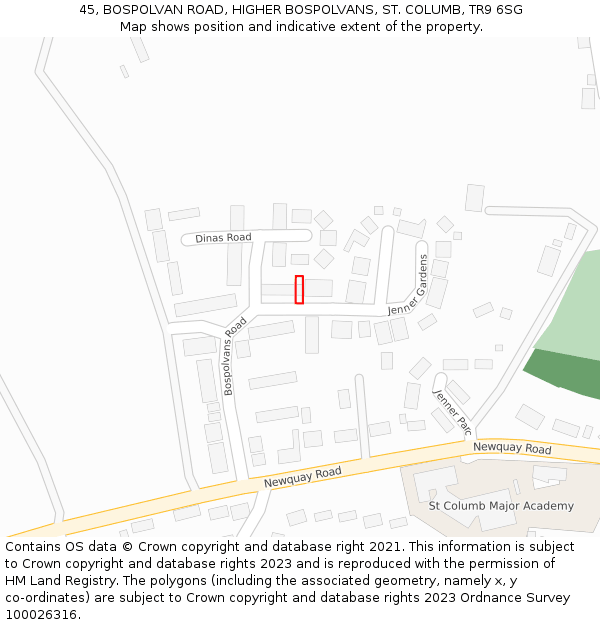 45, BOSPOLVAN ROAD, HIGHER BOSPOLVANS, ST. COLUMB, TR9 6SG: Location map and indicative extent of plot