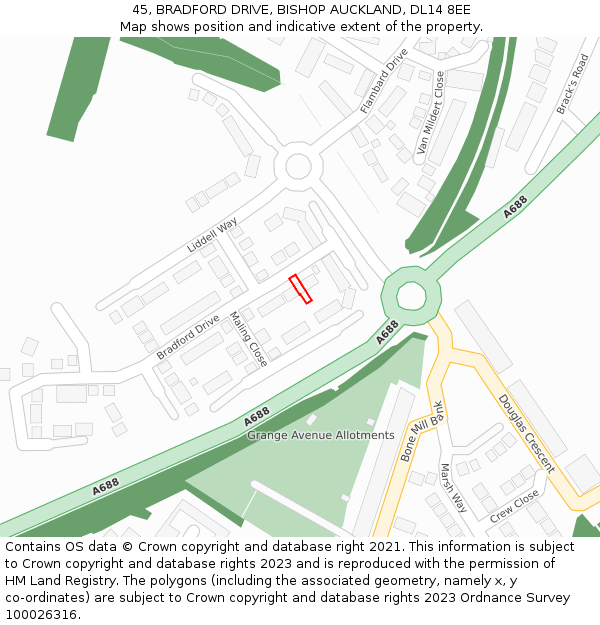 45, BRADFORD DRIVE, BISHOP AUCKLAND, DL14 8EE: Location map and indicative extent of plot