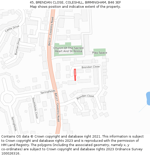 45, BRENDAN CLOSE, COLESHILL, BIRMINGHAM, B46 3EF: Location map and indicative extent of plot