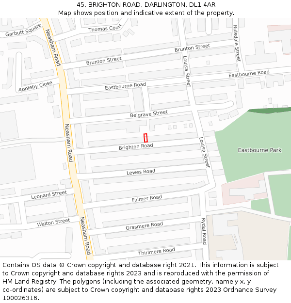 45, BRIGHTON ROAD, DARLINGTON, DL1 4AR: Location map and indicative extent of plot