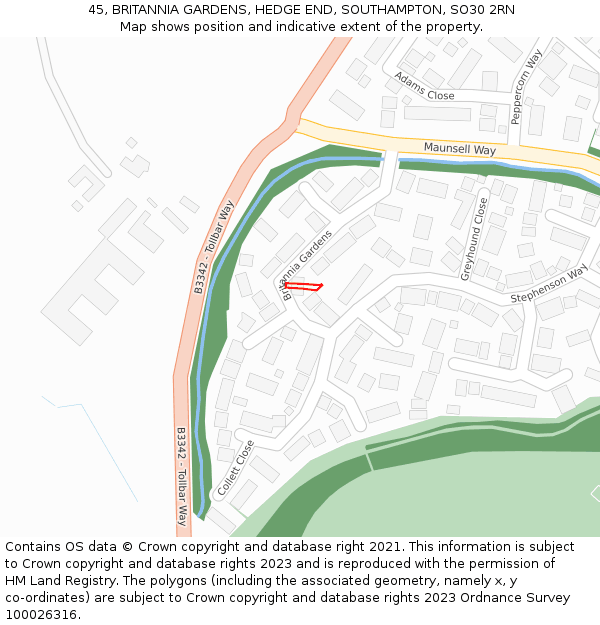45, BRITANNIA GARDENS, HEDGE END, SOUTHAMPTON, SO30 2RN: Location map and indicative extent of plot