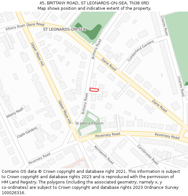 45, BRITTANY ROAD, ST LEONARDS-ON-SEA, TN38 0RD: Location map and indicative extent of plot