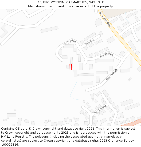 45, BRO MYRDDIN, CARMARTHEN, SA31 3HF: Location map and indicative extent of plot