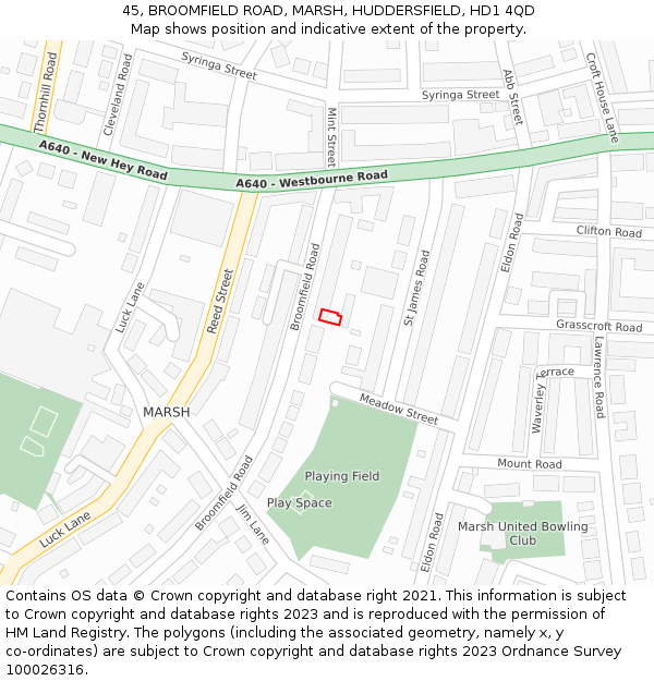 45, BROOMFIELD ROAD, MARSH, HUDDERSFIELD, HD1 4QD: Location map and indicative extent of plot