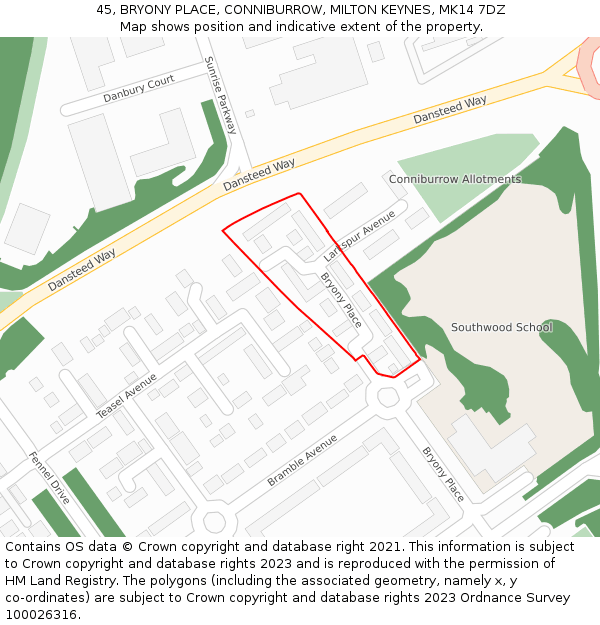 45, BRYONY PLACE, CONNIBURROW, MILTON KEYNES, MK14 7DZ: Location map and indicative extent of plot