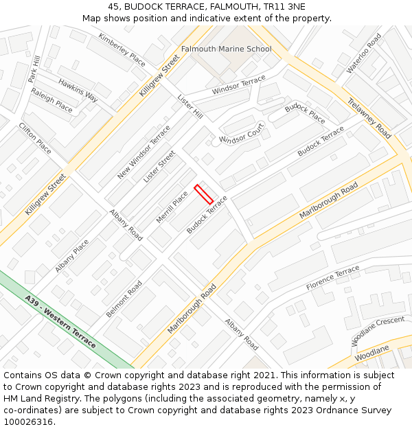 45, BUDOCK TERRACE, FALMOUTH, TR11 3NE: Location map and indicative extent of plot