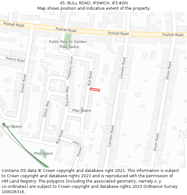 45, BULL ROAD, IPSWICH, IP3 8GN: Location map and indicative extent of plot