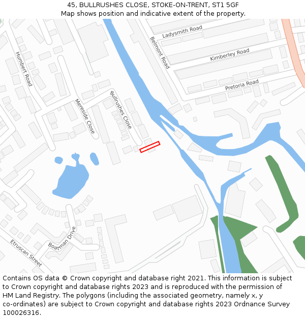 45, BULLRUSHES CLOSE, STOKE-ON-TRENT, ST1 5GF: Location map and indicative extent of plot