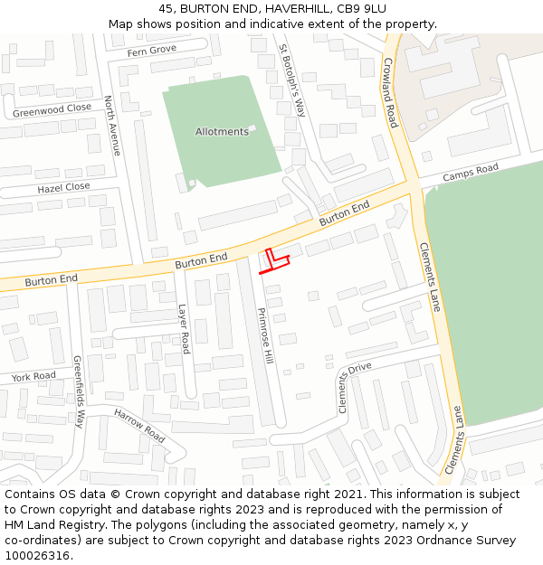 45, BURTON END, HAVERHILL, CB9 9LU: Location map and indicative extent of plot