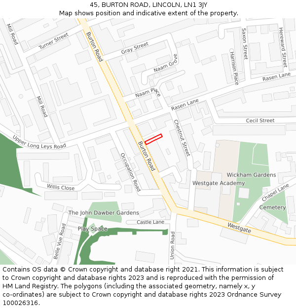 45, BURTON ROAD, LINCOLN, LN1 3JY: Location map and indicative extent of plot