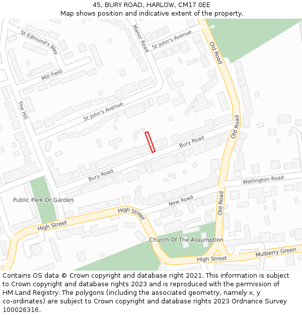 45, BURY ROAD, HARLOW, CM17 0EE: Location map and indicative extent of plot