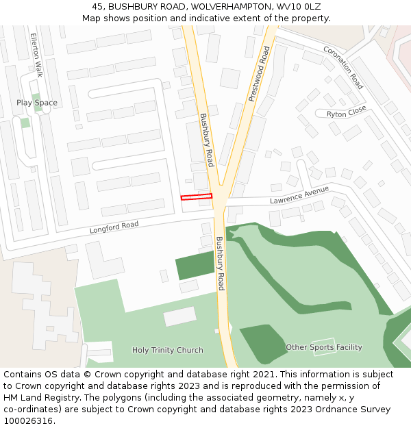 45, BUSHBURY ROAD, WOLVERHAMPTON, WV10 0LZ: Location map and indicative extent of plot