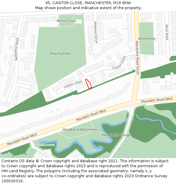 45, CAISTOR CLOSE, MANCHESTER, M16 8NW: Location map and indicative extent of plot