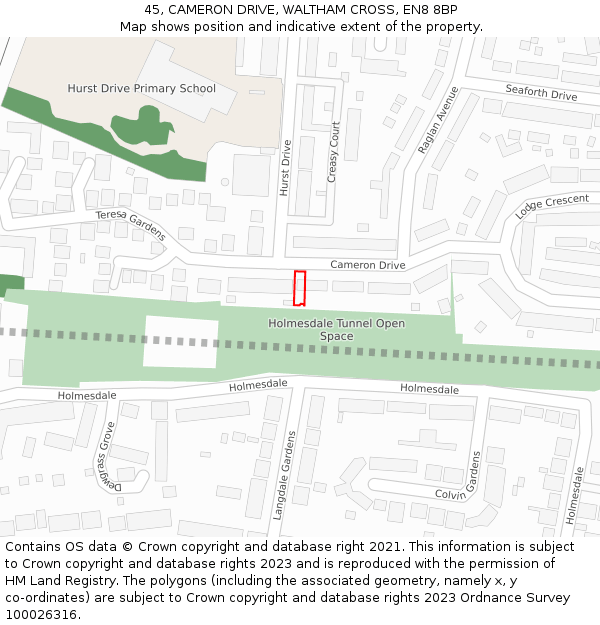 45, CAMERON DRIVE, WALTHAM CROSS, EN8 8BP: Location map and indicative extent of plot