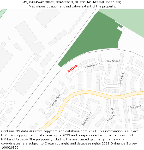 45, CARAWAY DRIVE, BRANSTON, BURTON-ON-TRENT, DE14 3FQ: Location map and indicative extent of plot