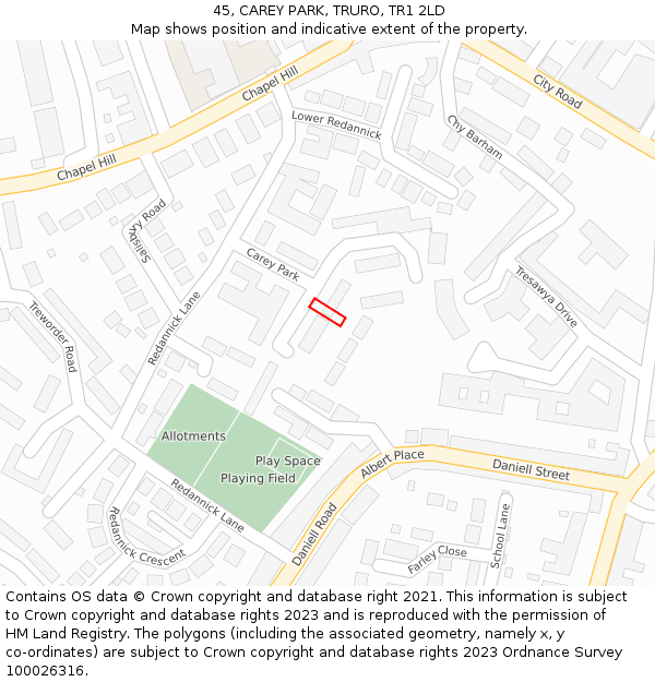 45, CAREY PARK, TRURO, TR1 2LD: Location map and indicative extent of plot
