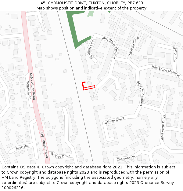 45, CARNOUSTIE DRIVE, EUXTON, CHORLEY, PR7 6FR: Location map and indicative extent of plot