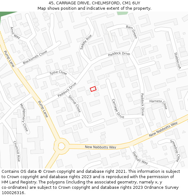 45, CARRIAGE DRIVE, CHELMSFORD, CM1 6UY: Location map and indicative extent of plot