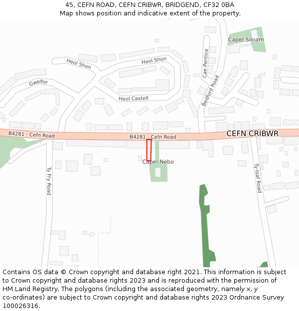 45, CEFN ROAD, CEFN CRIBWR, BRIDGEND, CF32 0BA: Location map and indicative extent of plot