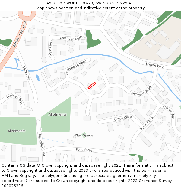 45, CHATSWORTH ROAD, SWINDON, SN25 4TT: Location map and indicative extent of plot