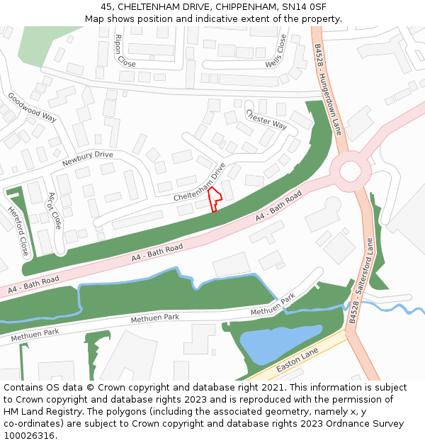 45, CHELTENHAM DRIVE, CHIPPENHAM, SN14 0SF: Location map and indicative extent of plot