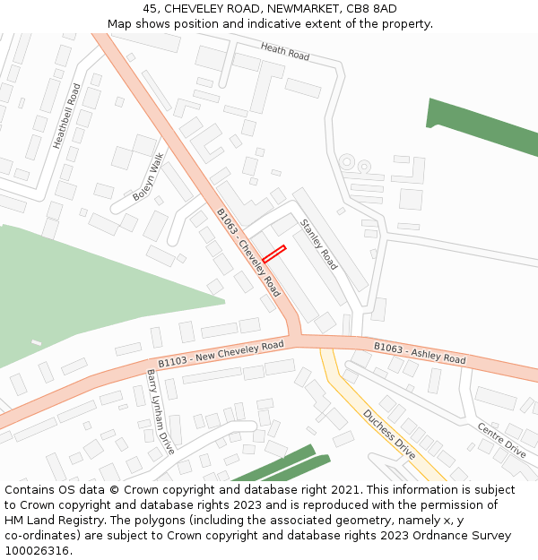 45, CHEVELEY ROAD, NEWMARKET, CB8 8AD: Location map and indicative extent of plot