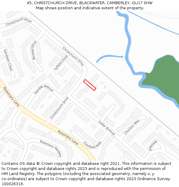 45, CHRISTCHURCH DRIVE, BLACKWATER, CAMBERLEY, GU17 0HW: Location map and indicative extent of plot
