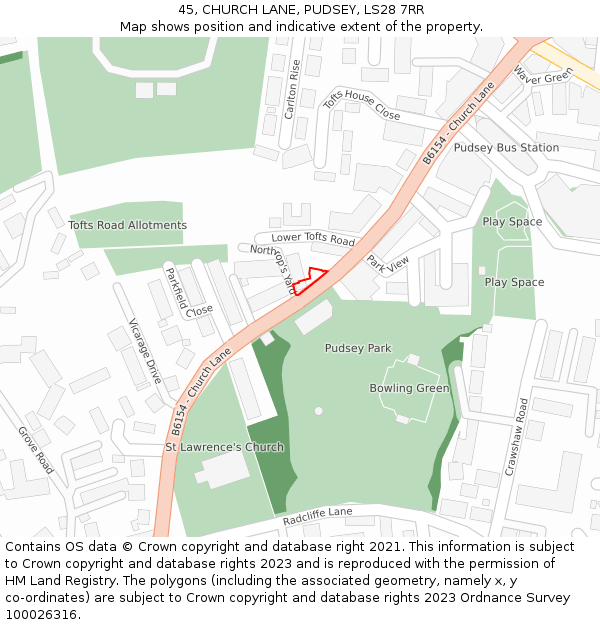 45, CHURCH LANE, PUDSEY, LS28 7RR: Location map and indicative extent of plot