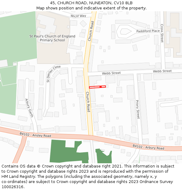 45, CHURCH ROAD, NUNEATON, CV10 8LB: Location map and indicative extent of plot