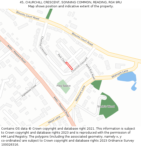 45, CHURCHILL CRESCENT, SONNING COMMON, READING, RG4 9RU: Location map and indicative extent of plot