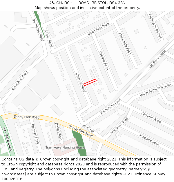 45, CHURCHILL ROAD, BRISTOL, BS4 3RN: Location map and indicative extent of plot