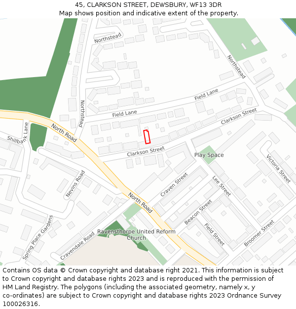 45, CLARKSON STREET, DEWSBURY, WF13 3DR: Location map and indicative extent of plot