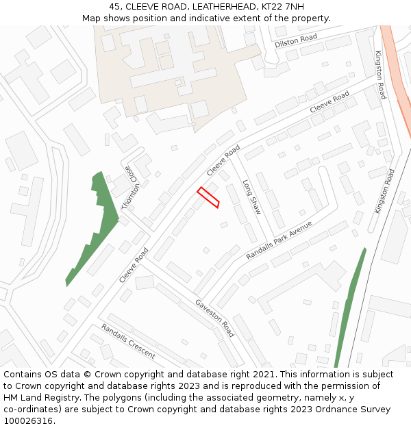45, CLEEVE ROAD, LEATHERHEAD, KT22 7NH: Location map and indicative extent of plot