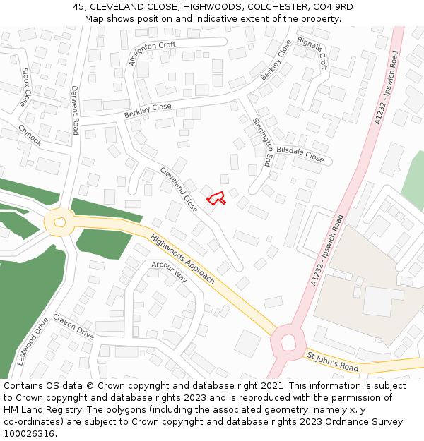 45, CLEVELAND CLOSE, HIGHWOODS, COLCHESTER, CO4 9RD: Location map and indicative extent of plot