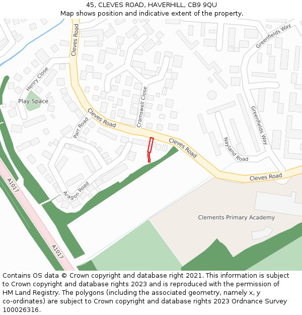 45, CLEVES ROAD, HAVERHILL, CB9 9QU: Location map and indicative extent of plot