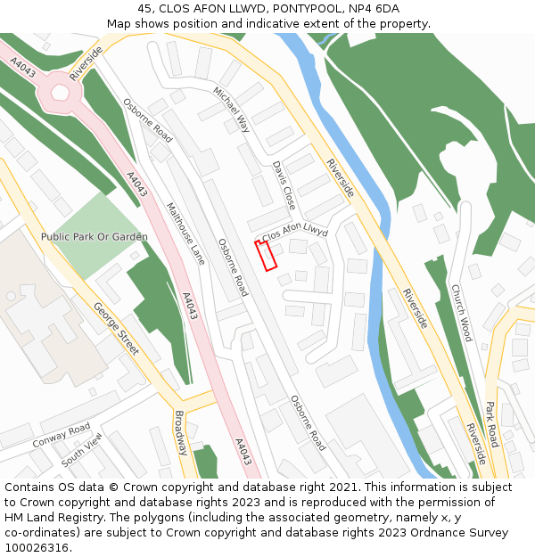 45, CLOS AFON LLWYD, PONTYPOOL, NP4 6DA: Location map and indicative extent of plot