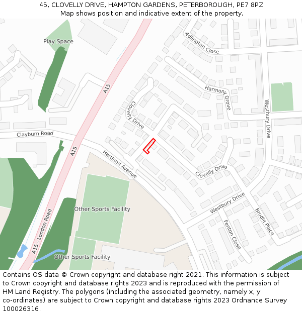 45, CLOVELLY DRIVE, HAMPTON GARDENS, PETERBOROUGH, PE7 8PZ: Location map and indicative extent of plot
