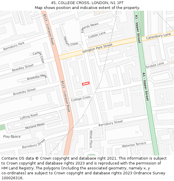 45, COLLEGE CROSS, LONDON, N1 1PT: Location map and indicative extent of plot