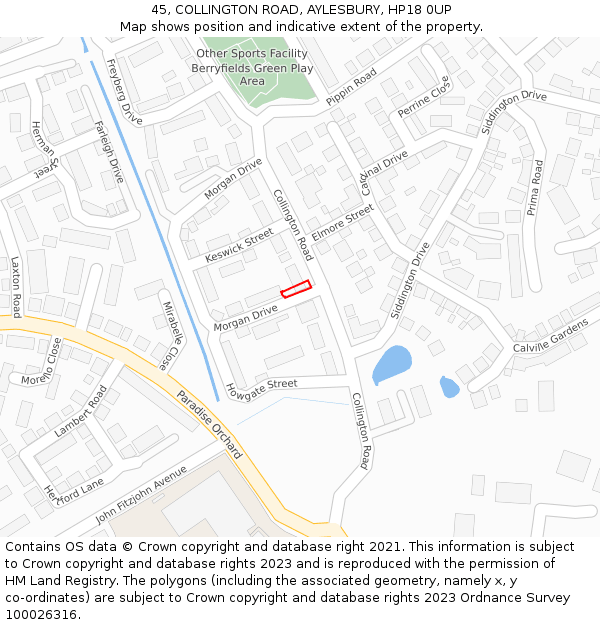 45, COLLINGTON ROAD, AYLESBURY, HP18 0UP: Location map and indicative extent of plot