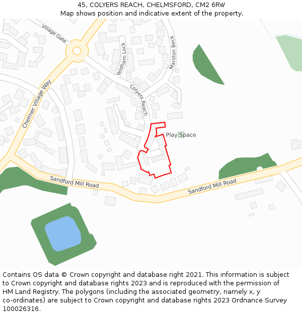 45, COLYERS REACH, CHELMSFORD, CM2 6RW: Location map and indicative extent of plot