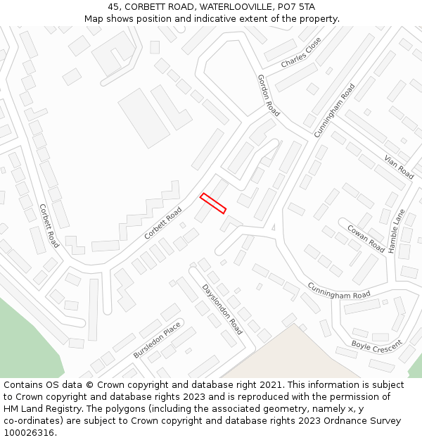 45, CORBETT ROAD, WATERLOOVILLE, PO7 5TA: Location map and indicative extent of plot