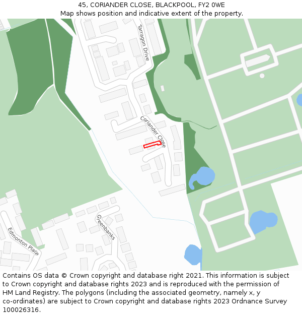 45, CORIANDER CLOSE, BLACKPOOL, FY2 0WE: Location map and indicative extent of plot