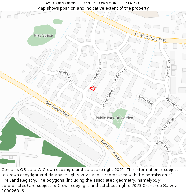 45, CORMORANT DRIVE, STOWMARKET, IP14 5UE: Location map and indicative extent of plot