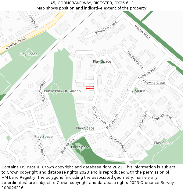 45, CORNCRAKE WAY, BICESTER, OX26 6UF: Location map and indicative extent of plot
