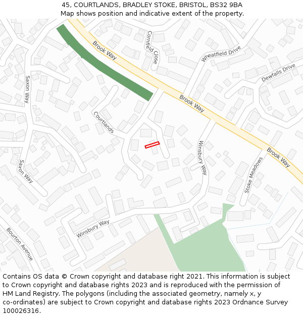 45, COURTLANDS, BRADLEY STOKE, BRISTOL, BS32 9BA: Location map and indicative extent of plot